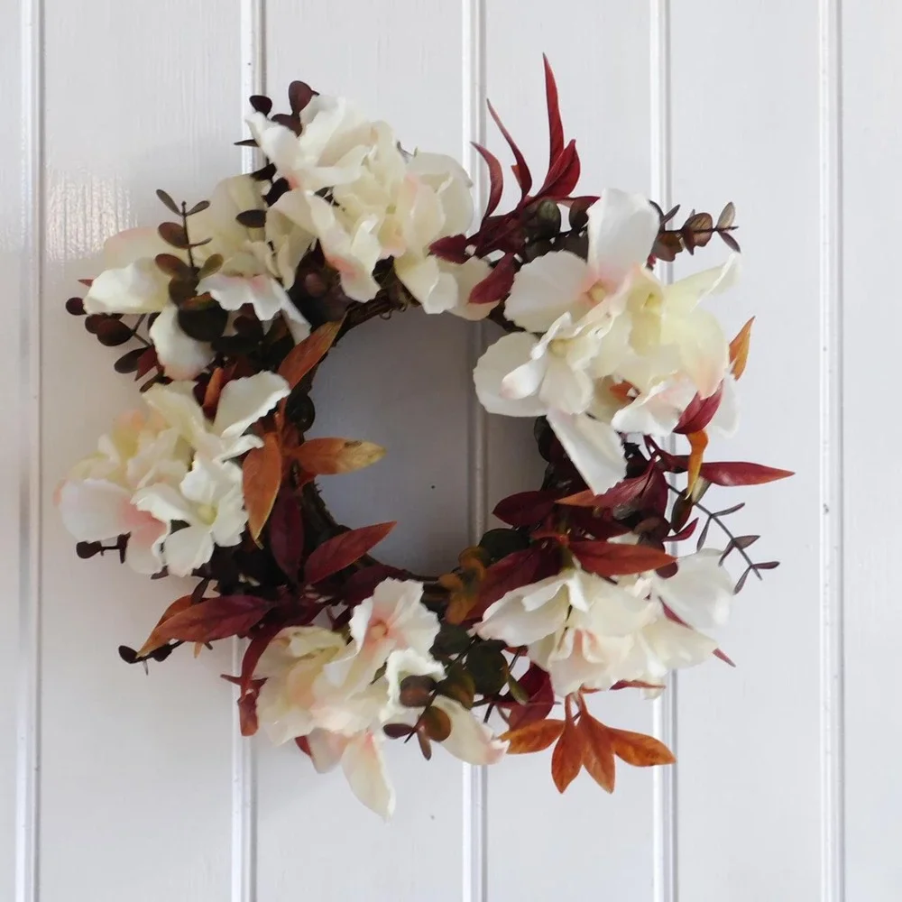 Mini Fall Candle Ring, Grapevine Wreath, Burgundy Leaves, Dried Look Hydrangeas